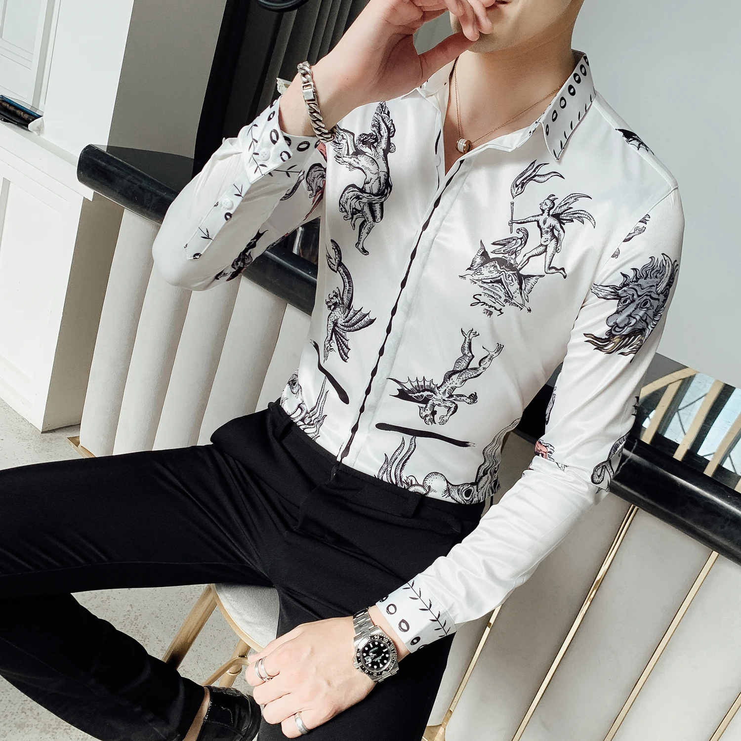 Корейская одежда с принтом животных для мужчин, Vetement Homme, осень, рубашка с длинными рукавами, мужская рубашка с цветочным принтом, мифическое платье, рубашка для мужчин