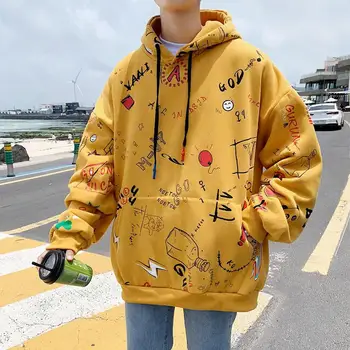 

New personality printing Hong Kong style men's hooded Pullover casual loose trend wild large size cool men's jacket size M-5XL