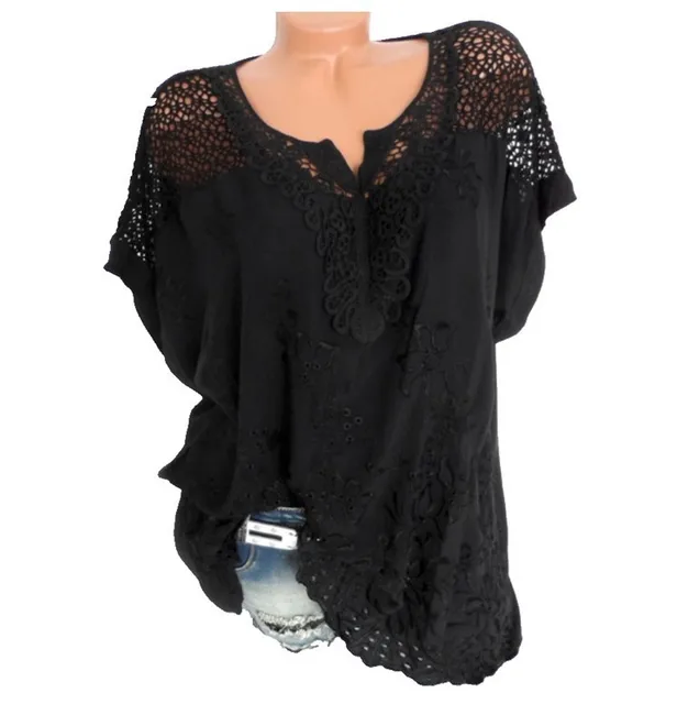 Large Size Loose Short-Sleeved Lace Women Blouses Cotton Blouses 2021 Summer Shirt Tops Sexy Fashion Women Shirt black