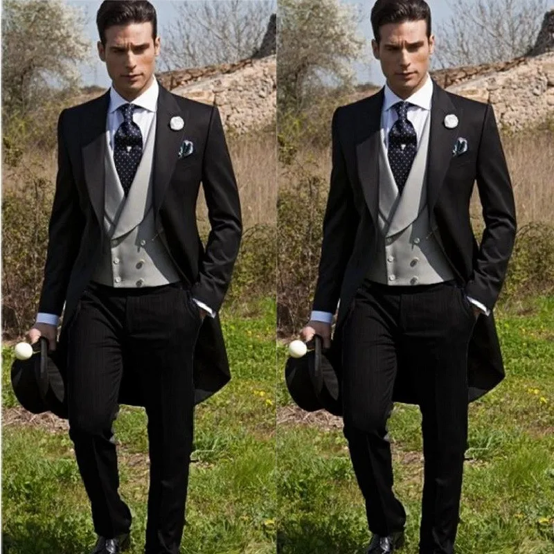 49Custom Made Slim Fit Morning Style Groom Tuxedos Peak Lapel Men's Suit GroomsmanBest Man WeddingProm Suits (Jacket+Pants+Vest)