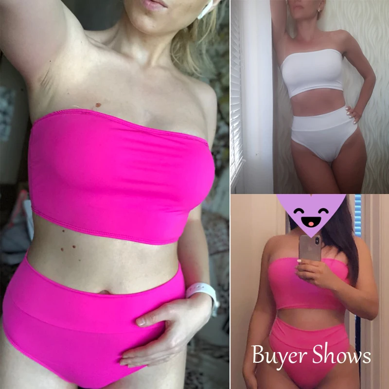 Черный купальник с высокой талией комплект бикини бандо сексуальный женский