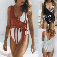 Plus Size Floral Brazilian One Piece Swimsuit Woman Bikini High Cut Striped Bandage Swimwear Thong Backless Monokini Beachwear