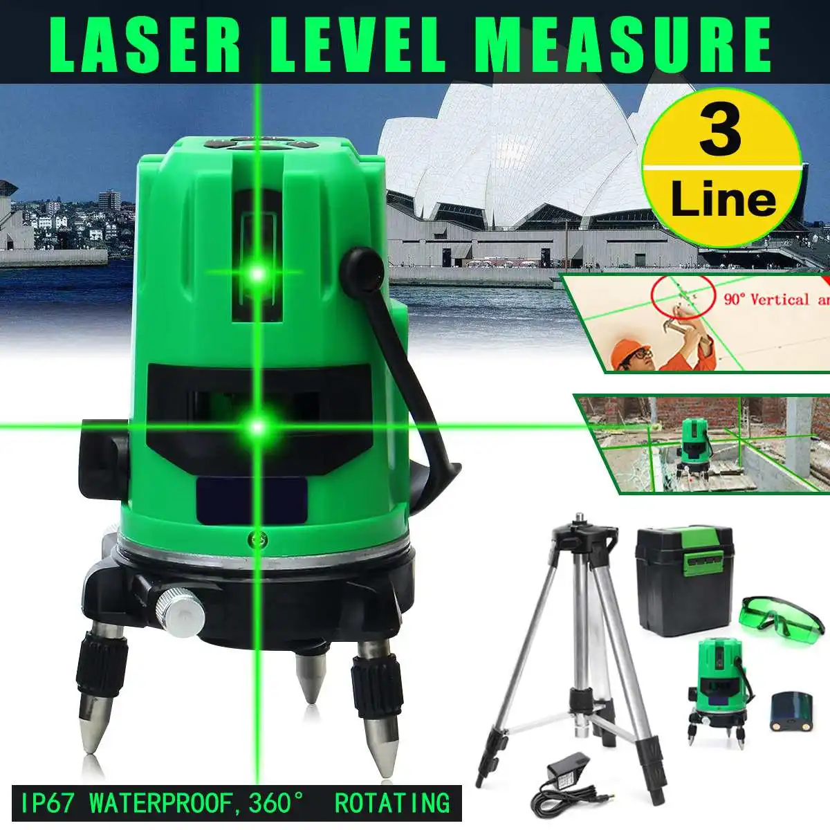 

ZEAST 3 Lines Laser Level Green Beam 4 Points 360 Rotary Ourdoor Indoor Laser Self Leveling w/Tripod Horizontal Vertical Cross