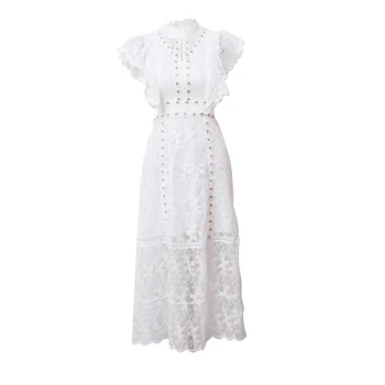 

YAMDI lace solid white dresses women luxury 2020 dress summer a-line club runway ruffle lace dinner vintage party elegant mesh