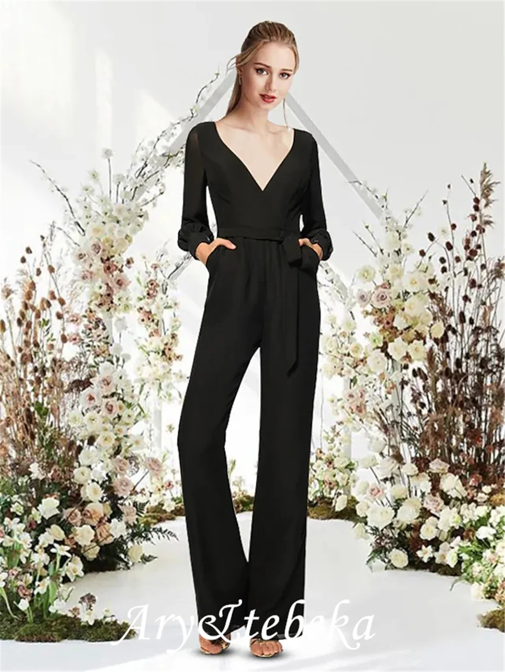 

Jumpsuits Empire Minimalist Wedding Guest Prom Dress V Neck Long Sleeve Floor Length Chiffon with Sleek 2022