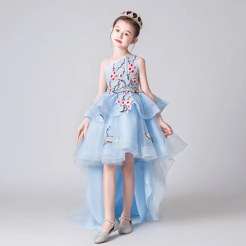 Petites filles/светло-голубые платья с цветочной вышивкой для девочек коллекция года, пышные платья из органзы с высокой посадкой для девочек платья для первого причастия