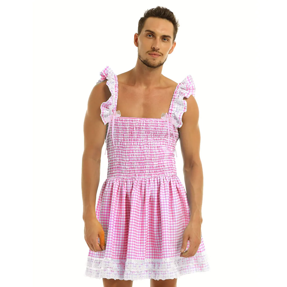 Iiniim/для мужчин и взрослых, без рукавов, гофрированное, эластичное, с Сисси, экзотические платья, клетчатое платье с кружевным бантом, платье для геев, Детский костюм с крестиком - Цвет: Pink