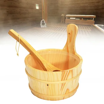 

Bathroom 4L Wooden Bucket W/ Ladle Liner Set For Sauna SPA Bath Waterproof Curved Handle, Smooth Formation, Comfortable Grip
