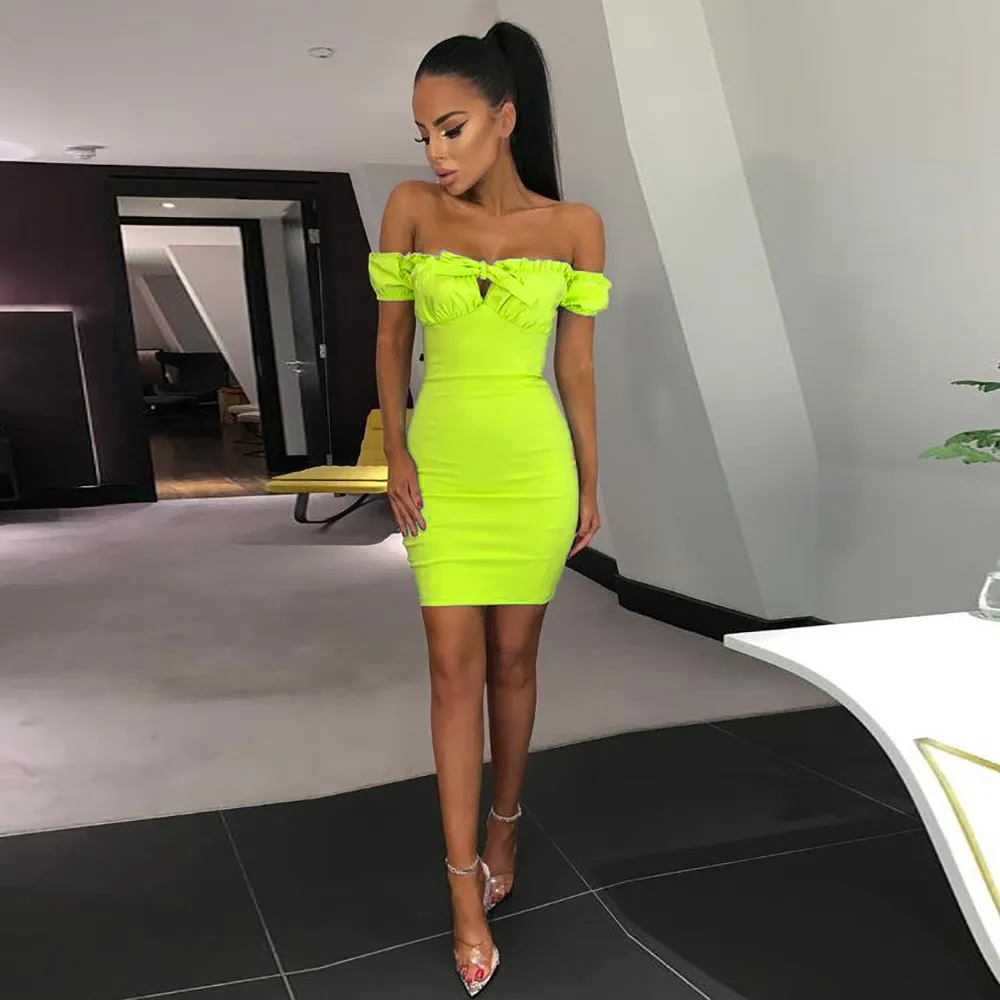 

Pop Tide Fashion Nice Summer Women Off Shoulder Sexy Dress Streetwear Slash Neck Ruffle Bodycon Dress Short Sleeve Club Dress