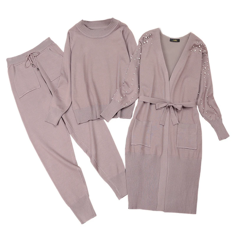 Deep Khaki Amolapha/женские вязаные свитера+ длинные пальто с жемчугом+ брюки, комплект из 3 предметов, элегантные женские джемперы с длинными рукавами, кардиганы, брюки, костюмы - Цвет: Deep Khaki
