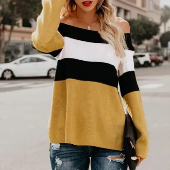 

New Women Autumn Sweater Loose Concise Sexy Loose Color-blocked Long Sleeve Patchwork All-match Sweater Sale
