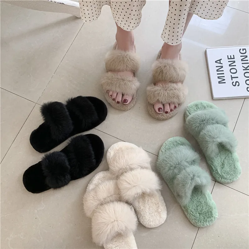 

Shoes Woman 2019 Slippers Fur Shallow Flock Luxury Slides Low Plush Soft Designer Flat New PU Basic Rubber Fashion