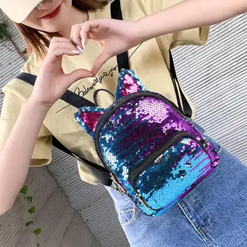 

Cute Sequins Cat Ear Travel Backpacks Women Casual Shoulder School Bags for Girl Book Bag Small Knapsack Rucksack mochilas mujer