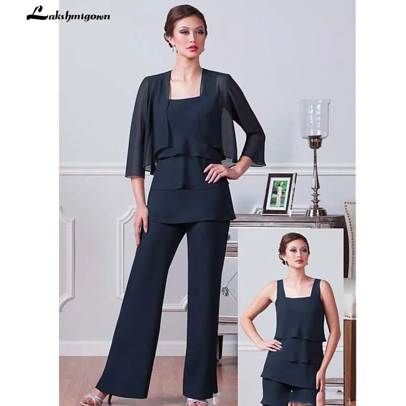 Dark Navy Mother Of The Bride Pant Suits With Jackets Square Neck Wedding Guest Dress Three Pieces Plus Size Chiffon Mothers Gro | Свадьбы и