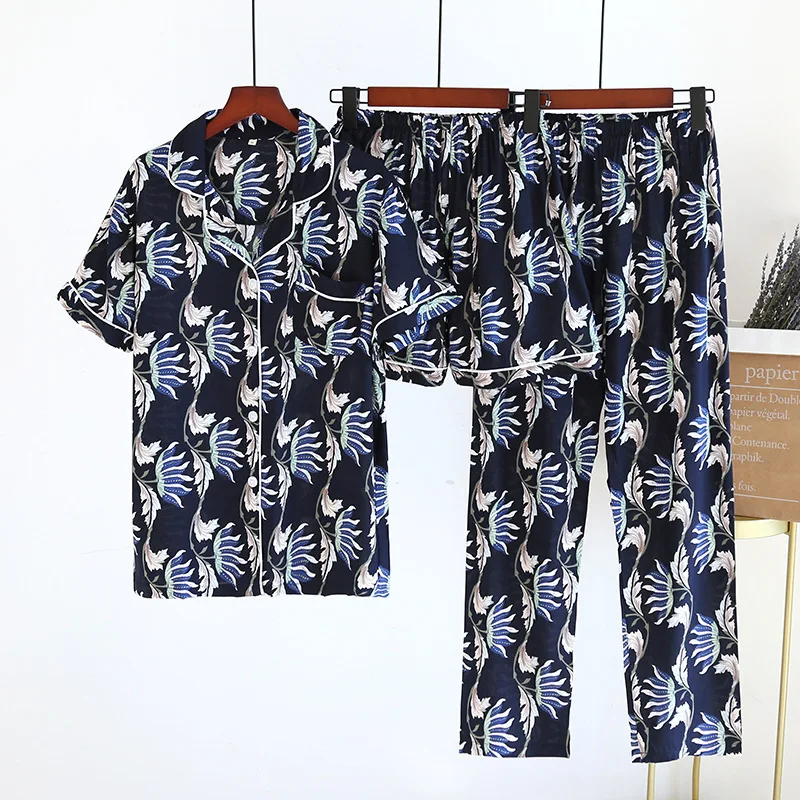 2021 New Women's Spring And Summer100%Viscose Pajamas Three-piece Short Sleeve + Shorts + Trousers Soft And Comfortable Homewear