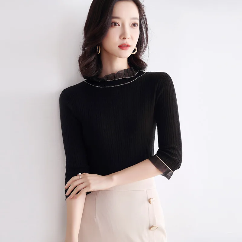 Knitted Pullovers Women Sweater 2020 New Summer Golden Thread Lace Half Sleeve Stella Filante Jumper Pull Femme Womens Top | Женская