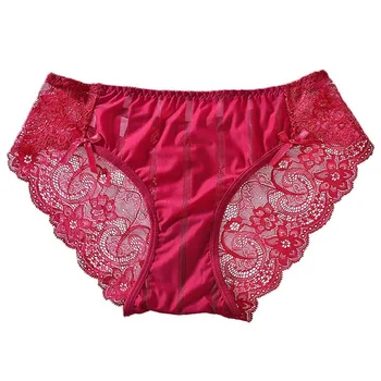 

5 Colors Women Lace Stitching Transparent Mesh Solid Color Low Waist Hip Shaping Briefs Sweet Sexy Panties