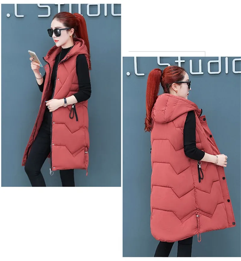 New Down Cotton Winter Sleeveless Vest Women Hooded Slim Outerwear Female Solid Color Long Thicken Waistcoat Plus Size 3XL