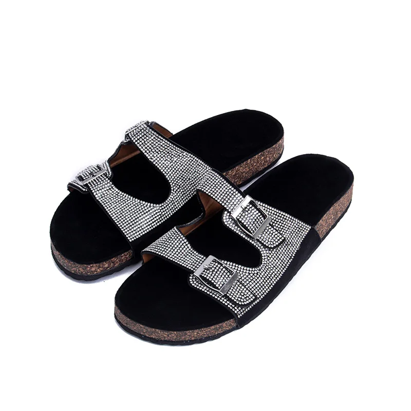 

Womens Glitter Rhinestone slippers Double Buckle Adjustable Comfort Slip On Slides crystal Sandals