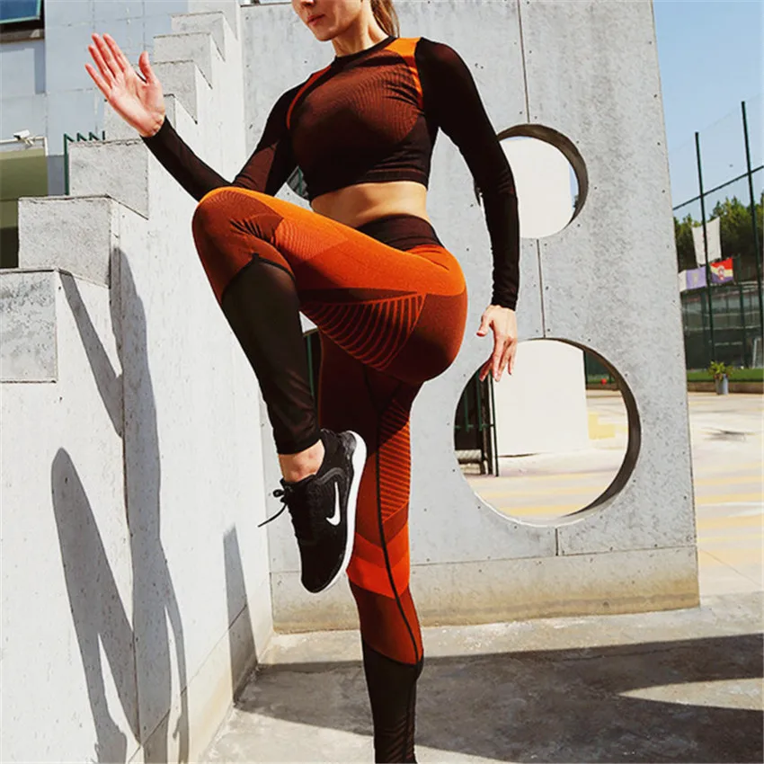 YS01 orange set YogaShark бесшовный укороченный топ, удобная спортивная одежда для женщин, для спортзала, с длинным рукавом, контрастная, для тренировок, йоги, рубашки - Цвет: YS01 orange set