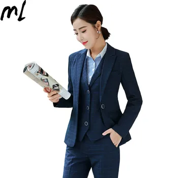 

Autumn Winter Women's business suit Korean fashion lattice slim long sleeve small suit jacket temperament two sets wild trend