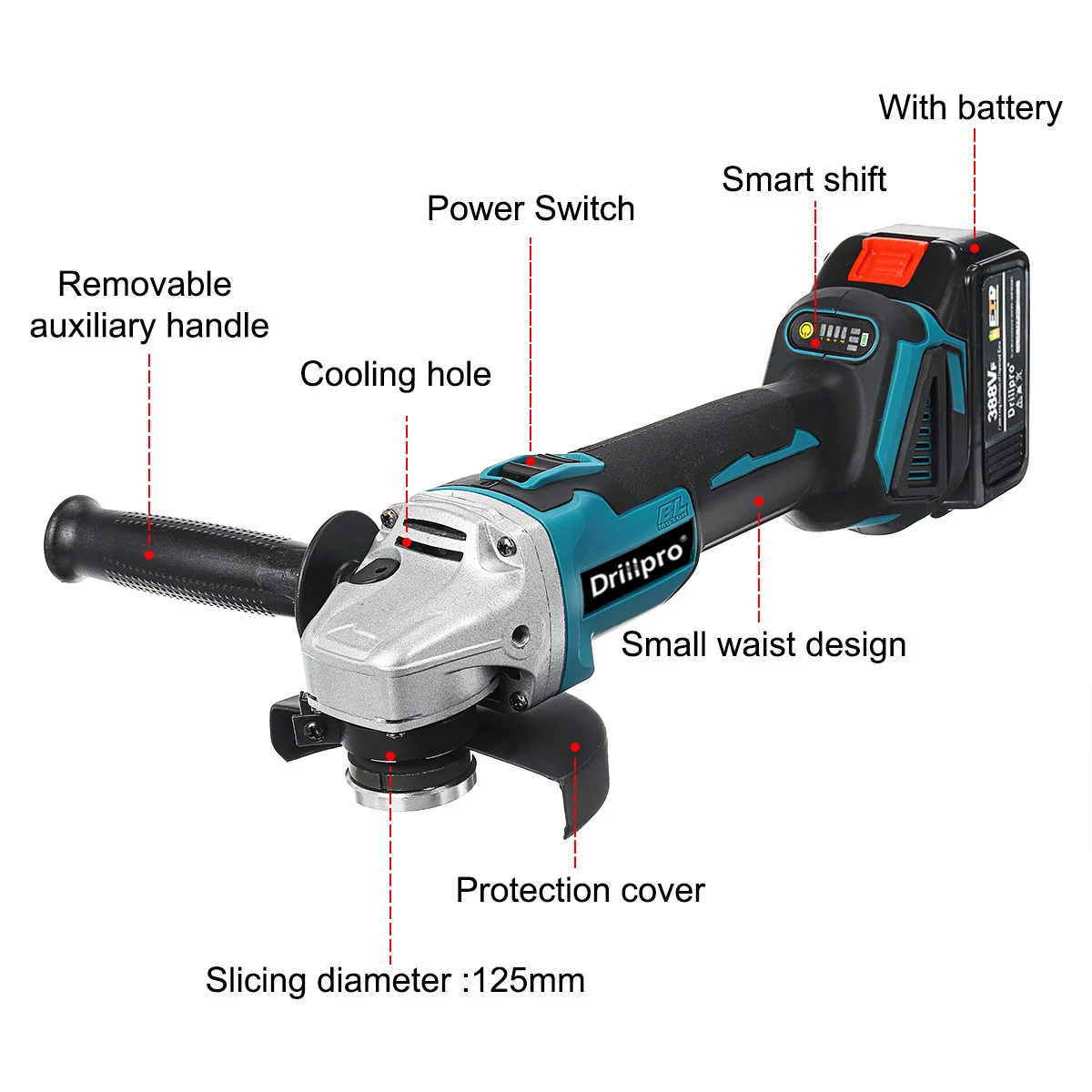 Drillpro 125MM Brushless Electric Angle Grinder 4 Speed Cutting Machine Power Tool +Lithium-Ion Battery For Makita 18V Battery 4