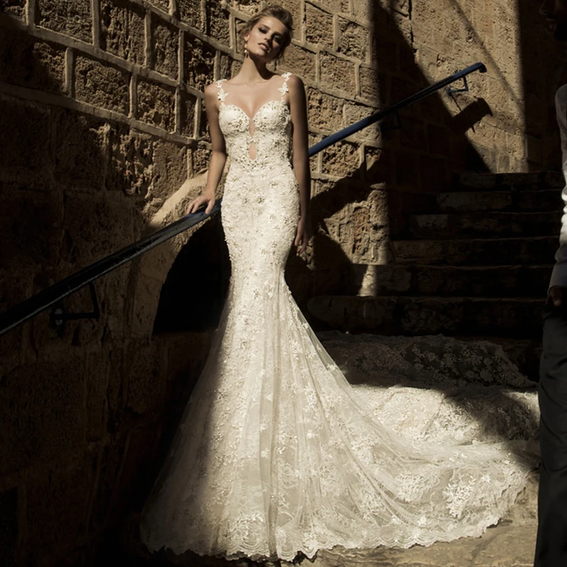 Vestido de novia playa2019 Новое Кружевное жемчужное сексуальное свадебное платье цвета слоновой кости с открытой спиной Русалка Бальные платья Шлейф