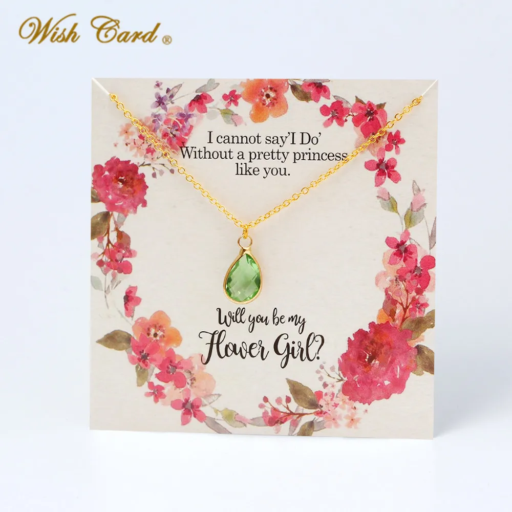

Wish Card Fashion Green Crystal Pendant Necklace Gold Color Chain Make a Wish Necklace Trendy Sister Gift Card Jewelry CN275
