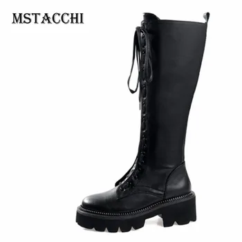 

MStacchi New Knee Boots Women Round Toe Mid Heel Block Heel Motorcycle Boots Female Platform Non-slip Stivali Plus Size 34-42
