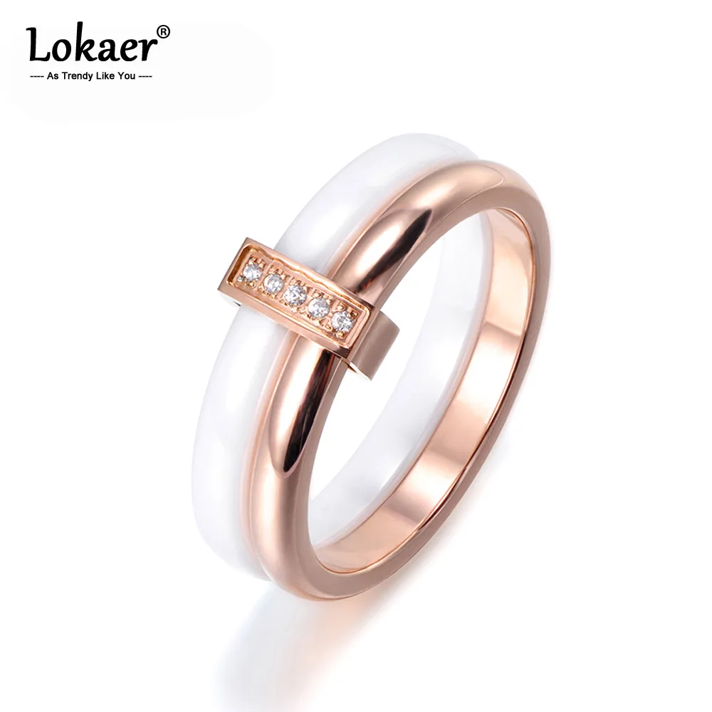 Lokaer,, титановые кольца из нержавеющей стали, юбилейные кольца, мозаика, CZ Кристалл, белые керамические обручальные кольца для женщин и девочек, R17047