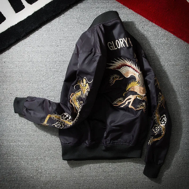 Tide Street Thin Fashion Men Bomber MA1 Jacket Retro Embroidery Dragon Phoenix Cartoon Badge Anarchy Coat Black Outwear