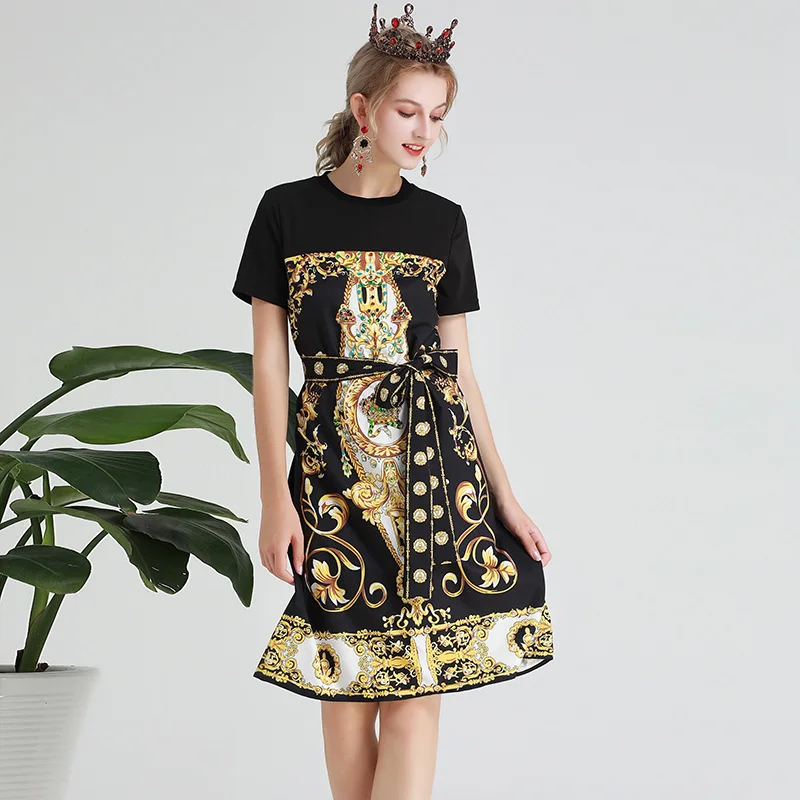 HUAYIMENGYI Zomer Casual Flower Print Zwarte Jurk Korte Mouw O Nek Vrouwen Party Pailletten Knie Lengte Jurken Hoge Kwaliteit HUAYIMENGYI Zomer Casual Flower Print Zwarte Jurk Korte Mouw O Nek Vrouwen Party Pailletten Knie Lengte Jurken Hoge Kwaliteit