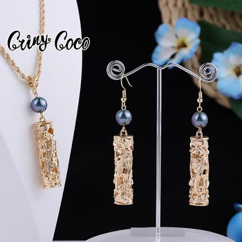 Cring Coco Hot Sale Earrings Necklace Set Hawaiian Polynesian Samoa Gold Hollow out Pearl Pendant Necklace Jewelry Set for Women
