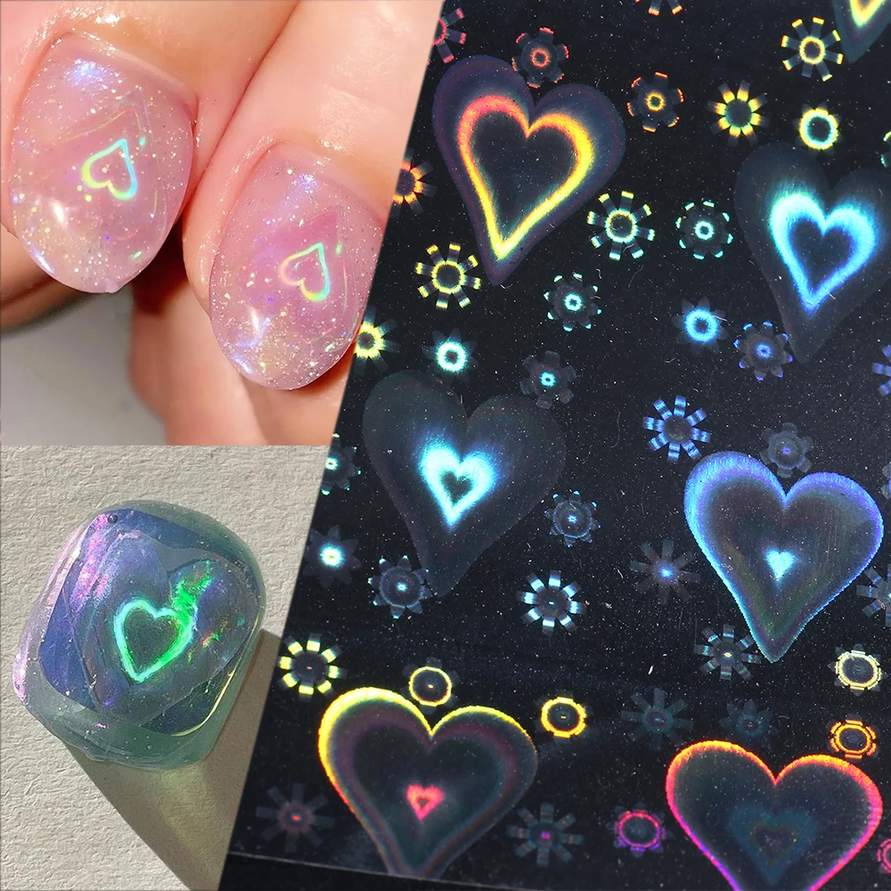 Love Heart Holographic Nail Sticker 3D Laser Star Slider For