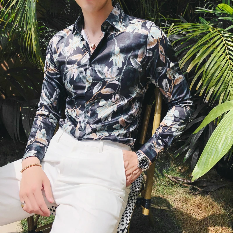 Брендовая уличная Мужская гавайская рубашка с длинным рукавом Slim Fit мужские s рубашки Camisa Social Masculina повседневные рубашки с цветочным принтом