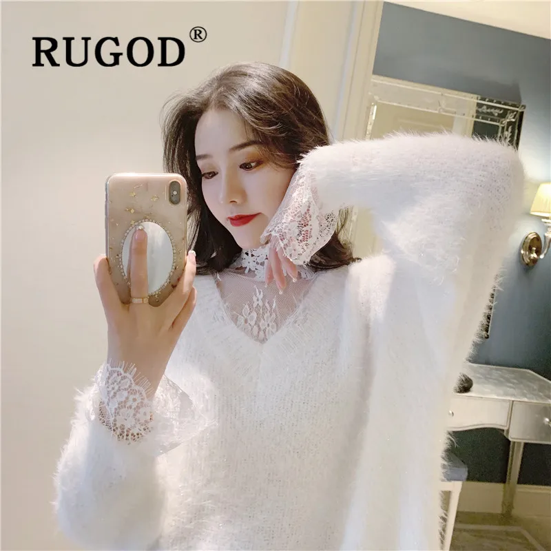RUGOD, Новое поступление осени, женский свитер, v-образный вырез, мягкий пушистый длинный стиль, пуловеры с кружевной рубашкой, модные женские элегантные сексуальные топы