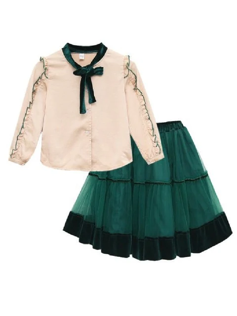 Preppy Style Girls Clothes Sets Spring Autumn Long Sleeve Shirts + Shirts 2PC Baby Kids Clothes Casual Teenager School Uniform Green