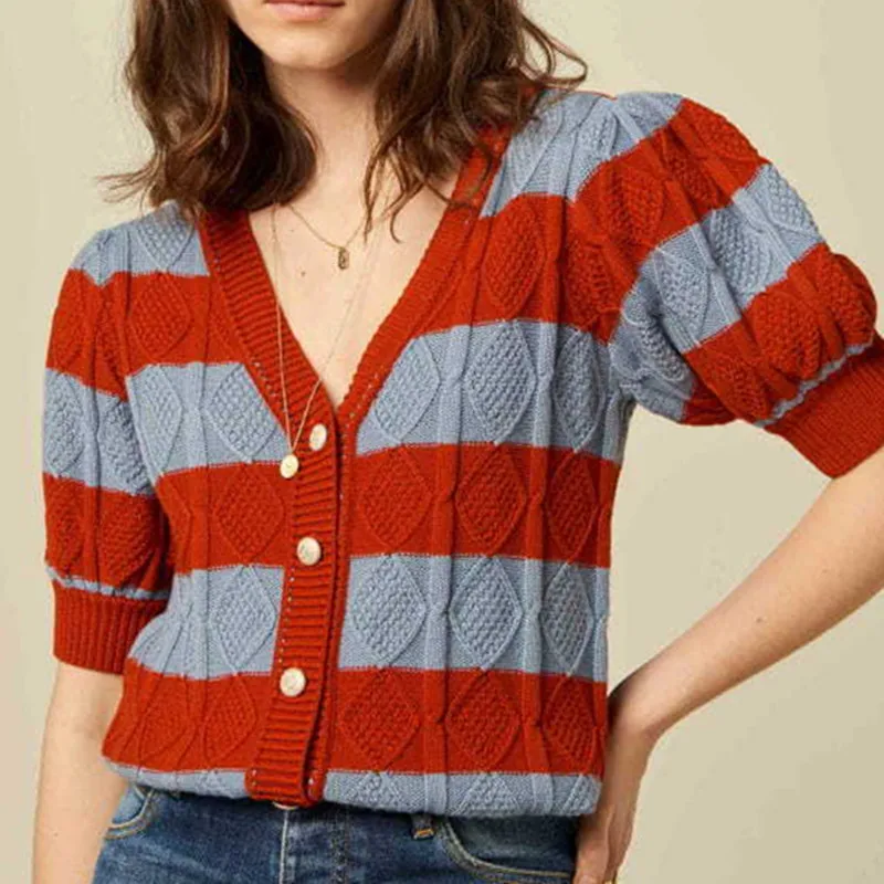 Women Diamond Stripes Knit Sweater V-neck Single