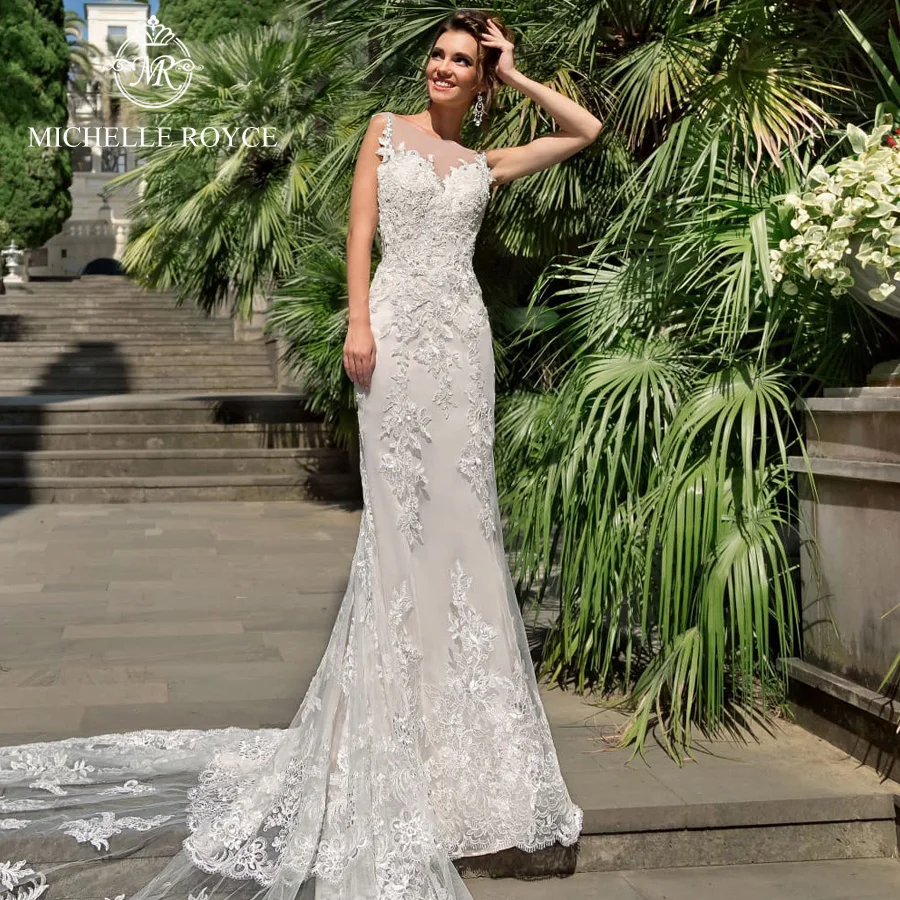 

Michelle Royce Mermaid Wedding Dresses 2020 Sweetheart Illusion Appliques Button Chapel Train Bride Gowns Vestido De Novia