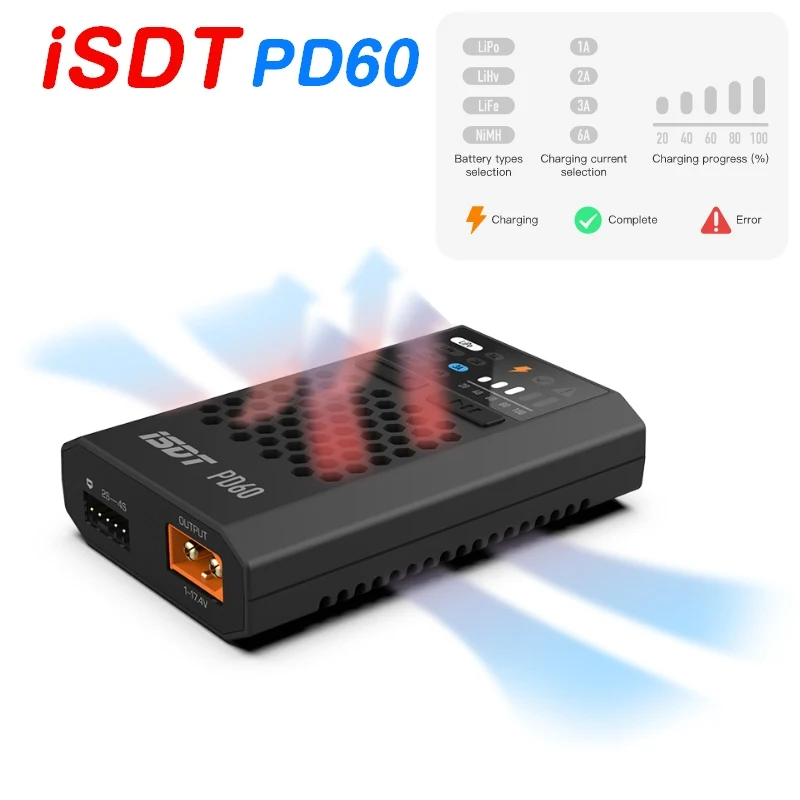 

ISDT PD60 60W Lipo Battery Balance Charger Type-C Input For Lipo LiHV LiFe NIMH/Cd Battery For RC Model