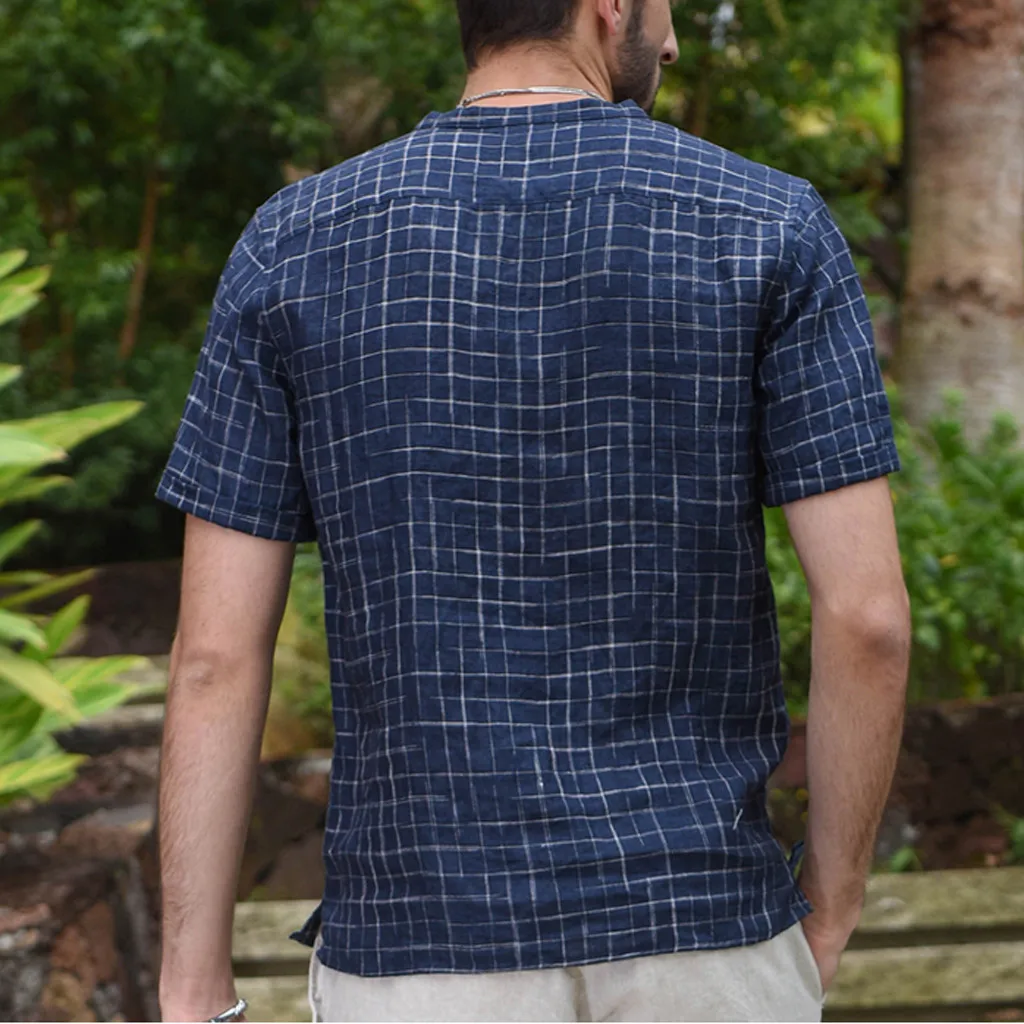Camisa Masculina Для мужчин Винтаж Сращивание Кнопка плотный льняной пиджак короткий рукав Ретро Рубашки, Топы, блузки