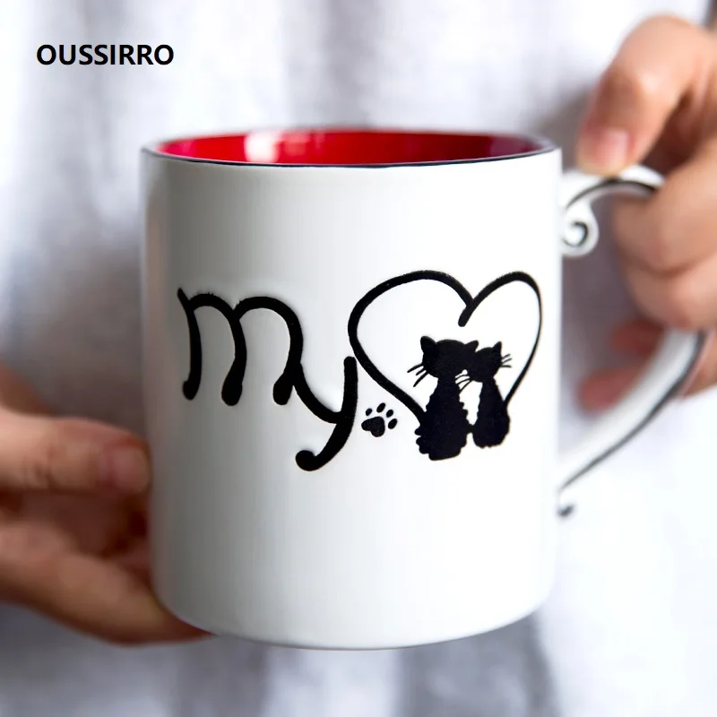 OUSSIRRO, милая кошка, керамическая кружка для молока, кофе, с ложкой, сок, лимон, чайная чашка, для дома, офиса, посуда для напитков, уникальный подарок для девочки