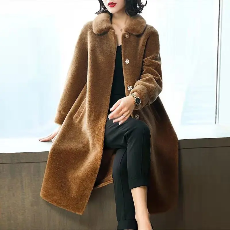 Granule sheep sheared coat female long section winter new Haining wool fur ladies jacket