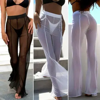 

Meihuida \Sexy Ruffle Women Beach Mesh Pants Sheer Wide Leg Pants Transparent See through Sea Holiday Cover Up Bikini Trouser