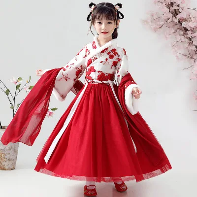 

5-10 year old baby ancient style super fairy hanfu dress red Chinese style thickened Tang costume cheongsam New Year's clothing