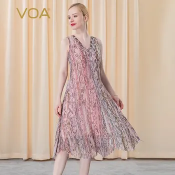 

VOA Summer New Style V-neck Thin Breathable Waist Hugging Slim Pullover Sleeveless Expandable Fashion Dress AI96