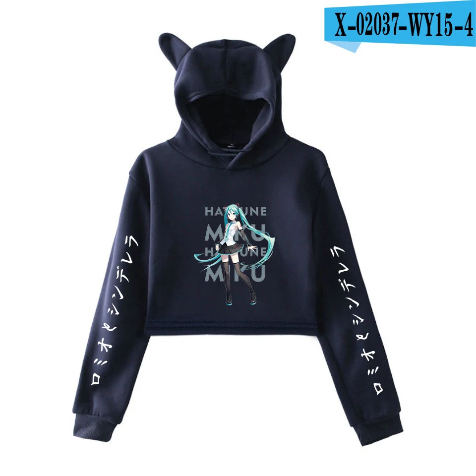D NAVY BLUE Каваи милый Вокалоид Хацунэ Мику с длинным рукавом Обрезанные толстовки Толстовка для женщин с кошачьими ушками пуловер с капюшоном укороченные топы с капюшоном - Цвет: D NAVY BLUE
