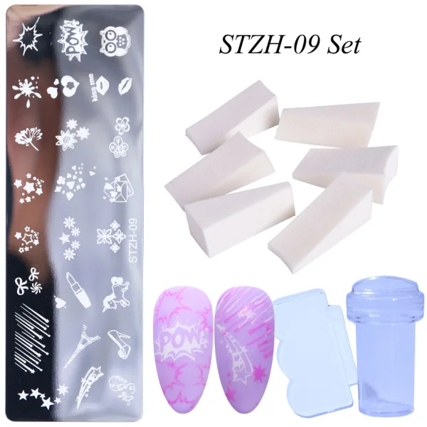 STZH-09 Set 1 Набор для ногтей штамповочная пластина для дизайна ногтей кружевной трафарет для ногтей с изображением кота из мультфильма для лака для ногтей маникюрный штамп скребок губка LASTZH01-12-2 - Цвет: STZH-09 Set