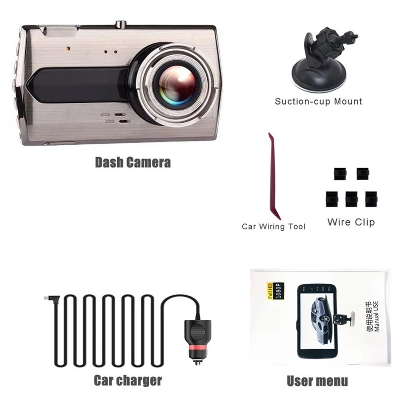 Автомобильный видеорегистратор Двойной объектив 1080P 4 дюймов Ips Передний + задний Ночное видео Регистраторы G-Сенсор парковки мониторный