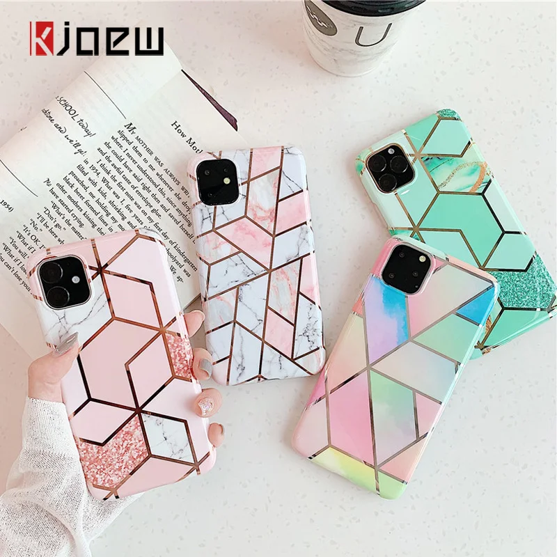 

KJOEW Electroplate Geometric Marble Texture Phone Cases For iPhone 11 Pro Max XR XS Max 6 6S 7 8 Plus X IMD Back Cover Coque